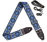 Amumu Blue Lucky Flower Embroidery Guitar Strap - Vintage Style with Top Grain Cowhide Leather Ends & Pick Pocket - Fits Bass, Electric, Acoustic Guitars