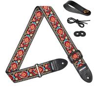 Amumu Vintage Red Flower Embroidery Guitar Strap with Microfiber Leather Ends for Acoustic, Electric and Bass Guitars -2" Wide