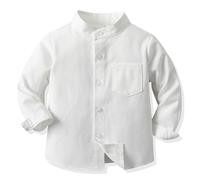 Amur Leopard Boys' Shirt Spring Plain Shirts Children's Stand-Up Collar Cotton Cardigan with Single Breasted Buckle, White long sleeves., 2-3 Years