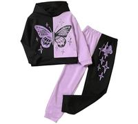 Amur Leopard Children's Girls' Tracksuit 2-Piece Sweatshirt with Hood + Sports Trousers Sports Suit with Butterfly Print, Black-Purple, 134-140