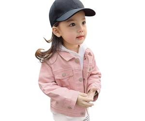 Amur Leopard Denim Jacket Cropped Button Outerwear for Girls Spring Autumn Long Sleeves Loose Tops, Pink, 2-3 Years/100