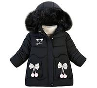 Amur Leopard Girl’s Down Hooded Jacket Detachable Collar Coat Embroidery Kids Quilted Jacket Parka for Winter, Black, 120/4-5T