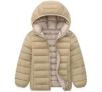 Amur Leopard Girls' Quilted Jacket with Hood Lightweight Boys Cotton Down Winter Coat, Khaki, 160/9-10T