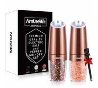 AmuseWit Gravity Electric Salt and Pepper Grinder Set【2019 Newest】- Battery Operated Automatic Salt and Pepper Mills with White Light,Adjustable Coarseness,Utility Brush,Copper by