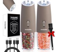 AmuseWit Gravity Electric Salt and Pepper Grinder Set [White Light] USB Rechargeable Automatic Pepper and Salt Mills,Adjustable Coarseness,One-Handed Operation,Greige