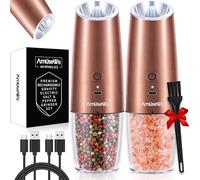 AmuseWit Gravity Electric Salt and Pepper Grinder Set [White Light] USB Rechargeable Automatic Pepper and Salt Mills,Adjustable Coarseness,One-Handed Operation, Copper