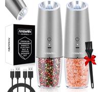AmuseWit Gravity Electric Salt and Pepper Grinder Set [White Light] USB Rechargeable Automatic Pepper and Salt Mills,Adjustable Coarseness,One-Handed Operation,Stainless Steel, AW-RPM02-2