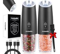 AmuseWit Gravity Electric Salt and Pepper Grinder Set [White Light] USB Rechargeable Automatic Pepper and Salt Mills,Adjustable Coarseness,One-Handed Operation,Matte Black