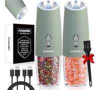 AmuseWit Gravity Electric Salt and Pepper Grinder Set [White Light] USB Rechargeable Automatic Pepper and Salt Mills,Adjustable Coarseness,One-Handed Operation,Sage
