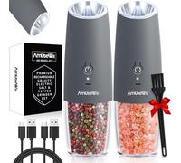 AmuseWit Gravity Electric Salt and Pepper Grinder Set [White Light] USB Rechargeable Automatic Pepper and Salt Mills,Adjustable Coarseness,One-Handed Operation,Cool Gray