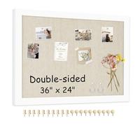 AMUSIGHT Double-Sided Wood Framed Cork Board with Linen, 36" x 24" | Hanging Large Bulletin Board, Picture Display Vision Board Kit Corkboards for Wall Room School Office Decor, 20 Pushpins
