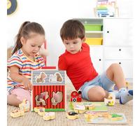 AMUSLESUR Montessori Wooden Barn Animal Set for Safe Rounded Wood Farm Animals for Preschool Learning Enhances Hand-eye Coordination and Social Skills Indoor Outdoor Play