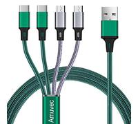 Amuvec 3A Fast Charging Cord, 4 in 1 Multi Cable 2 Type C 2 Micro 1.2M | Braided charging lead. One cord for all. Fits iPhone 17/16/15, Samsung Galaxy, iPad, dash cam, power bank, sat nav, earbuds.