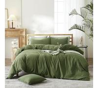 AMWAN Army Green Bedding Sets Queen Size Dark Green Duvet Cover 100% Washed Cotton Comforter Cover Modern Style Solid Color, Luxury Soft for Men Women Bed Set