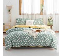 AMWAN Daisy Green Floral Duvet Cover Twin Cotton Girl Bedding Set - White Flower Print Comforter Cover With 2 Pillowcases - Garden Style Aesthetic Bedroom Collection
