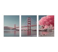 AMXBZC 3 Piece Landscapes Wall Art Prints Lake Bridge Trees Scenery Mountain Themed Wall Decor,for Home Art Prints and Botanical Decor for Bedroom(Pink 12)-30x45cmx3 Unframed