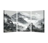 AMXBZC 3 Piece Modern Landscapes Pieces Wall Art Canvas Prints Mountain Fog Tree Pictures Posters Painting -Office -Home Gym- Wall Classroom Decor(Black 10)-60x80cmx3 Framed