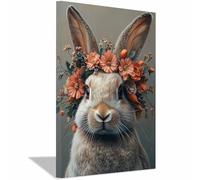 AMXBZC Animals Canvas Wall Art Picture Cute Rabbit Flowers Modern Artwork -Small Pop Art Wall Decor Pictures Painting -for Bathroom Bedroom(Brown)-20x30cm Framed