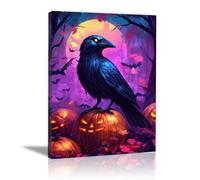 AMXBZC Dark Academia Wall Art Forest Pumpkin Crow Scenery Halloween Posters,Victorian Witch Picture Print, for Halloween Gallery,Home Living Room Bedroom Decor(Purple)-80x120cm Framed