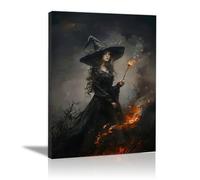AMXBZC Halloween Canvas Wall Art abstract Beautiful Witch Mural Forest Poster, Funny Dark Ghost Print Decorations, Dark Academia Halloween Wall Decor(Black)-50x70cm Unframed