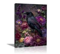 AMXBZC Halloween Canvas Wall Art Retro Weird Crow Flowers Gothic Fall Decorations for Home, Vintage Halloween Decor Indoor for Living Room, Bedroom & Party(Purple)-30x40cm Unframed