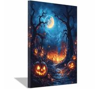 AMXBZC Halloween Wall Art Scary Weird Pumpkin Goth Canvas Prints, Witch Posters Halloween Wall Decor Indoor, Mansion for Bedroom Bathroom Office or Gift(Blue 28)-80x120cm Framed