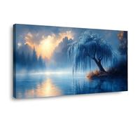 AMXBZC Modern Pieces Wall Art Canvas Prints Lakeside Tree Artwork Pictures Posters Painting -Office -Home Gym- Wall Classroom Decor(Blue)-30x60cm Framed