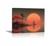AMXBZC Nature Mountain Wall Art Abstract Beach Sunset Tree for Living Room Canvas Picture -Wall Decor Prints Painting Artwork- Kitchen Bedroom Home Decoration(orange)-60x90cm Framed