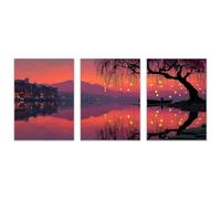 AMXBZC Set of 3 Living Room Forest Canvas Wall Art Lakeside trees at night Large Nature Pictures Contemporary, Modern Landscape for Kitchen Office Home Decoration(Red 8)-60x80cmx3 Unframed