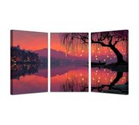 AMXBZC Set of 3 Living Room Forest Canvas Wall Art Lakeside trees at night Large Nature Pictures Contemporary, Modern Landscape for Kitchen Office Home Decoration(Red 8)-40x60cmx3 Framed