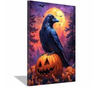 AMXBZC Vintage Canvas Wall Art Forest Pumpkin Crow Aesthetic Poster, Gothic Dark Academia Wall Decor, Creepy Spooky Abandoned Artwork Halloween Pictures(Purple 9)-30x40cm Framed