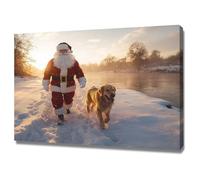 AMXBZC Vintage Christmas Wall Art Santa Claus Animals Snowy Winter Scene Festive Holiday Decor Canvas Print ,for Living Room Bedroom Home or Office(red)-80x120cm Framed