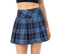 Amxiway Women's Pleated Tennis Skirts with Shorts Mini Plaid Golf Skort High Waisted Skorts Athletic Workout Skater Skirt, Navy Plaid, XL