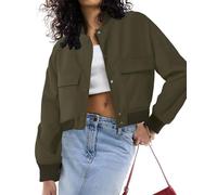 Amy Babe womens Cropped Bomber Jacket Button Down Varsity Jackets Shackets With Pockets, Army Green, XL