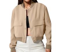 Amy Babe womens Cropped Bomber Jacket Button Down Varsity Jackets Shackets With Pockets, Khaki, M