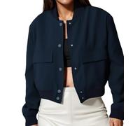 Amy Babe womens Cropped Bomber Jacket Button Down Varsity Jackets Shackets With Pockets, Navy Blue, Medium