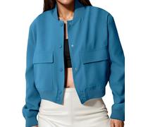 Amy Babe Womens Cropped Bomber Jacket Button Down Varsity Jackets Shackets With Pockets, Peacock Blue, Small