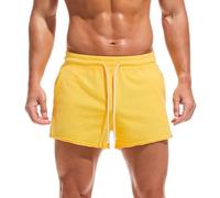 Amy Coulee Mens 3 Inch Gym Shorts Cotton Running Bodybuilding Sports Shorts with Pockets (Yellow, 2XL)