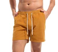 AMY COULEE Mens Corduroy Shorts 5.5" Elastic Waist Casual Shorts Summer Beach Shorts with Pockets, Ginger Yellow, Small