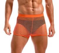 Amy Coulee Mens Fishnet Boxers Sexy Mesh Boxer Briefs Low Waist See Through Shorts Lounge Pajama Underwear Trunks (Orange, S)