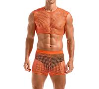 AMY COULEE Mens Fishnet Crop Top Sexy Mesh Tank Top See Through Sleeveless Undershirts Nightclub Party Vest, Orange Set, XL