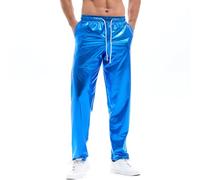 Amy Coulee Mens Metallic Trousers Shiny Disco Pants Sparkly Trousers with Pockets (Blue, L)