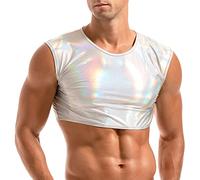Amy Coulee Men's Muscle Shirt Sleeveless Shiny Crop Top, Bright silver, S