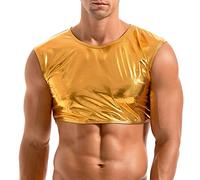 Amy Coulee Men's Muscle Shirt Sleeveless Shiny Crop Top, gold, S