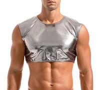 Amy Coulee Men's Muscle Shirt Sleeveless Shiny Crop Top, silver, M