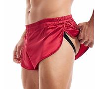Amy Coulee Mens Sexy Boxer Shorts Split Side Jockstrap Underwear Trunks Satin Silk Boxers Briefs Lightweight Sleepwear Pajama Shorts (S, Red)