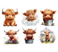 amy2004marie 6 Piece 4""x4"" Cute Baby Highland Cows 100% Cotton Fabric Panel Squares - Quilting Panel Blocks, AM806