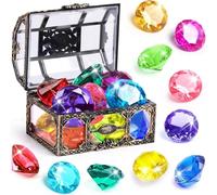 Amyang Diving Gem Pool Toy 10PCS Big Colorful Diamond with Treasure Box Chest Pirate Pool Toys for Kids Toddlers Underwater Sinking Gemstone for Swimming Bath Birthday Party Decoration