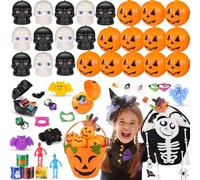 AmyBenton Prefilled Halloween Party Bag Fillers, 170pcs Halloween Toys with Pumpkin & Skull Buckets for Trick or Treat Gift Bags Fillers, Classroom Reward Box and Party Game Prize