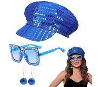 Amycute 70s Blue Sequin Disco Hat Set with Accessories Includes Disco Earrings and Sunglasses, Perfect for ABBA Party Accessories Retro 70s Themed Events (Blue)